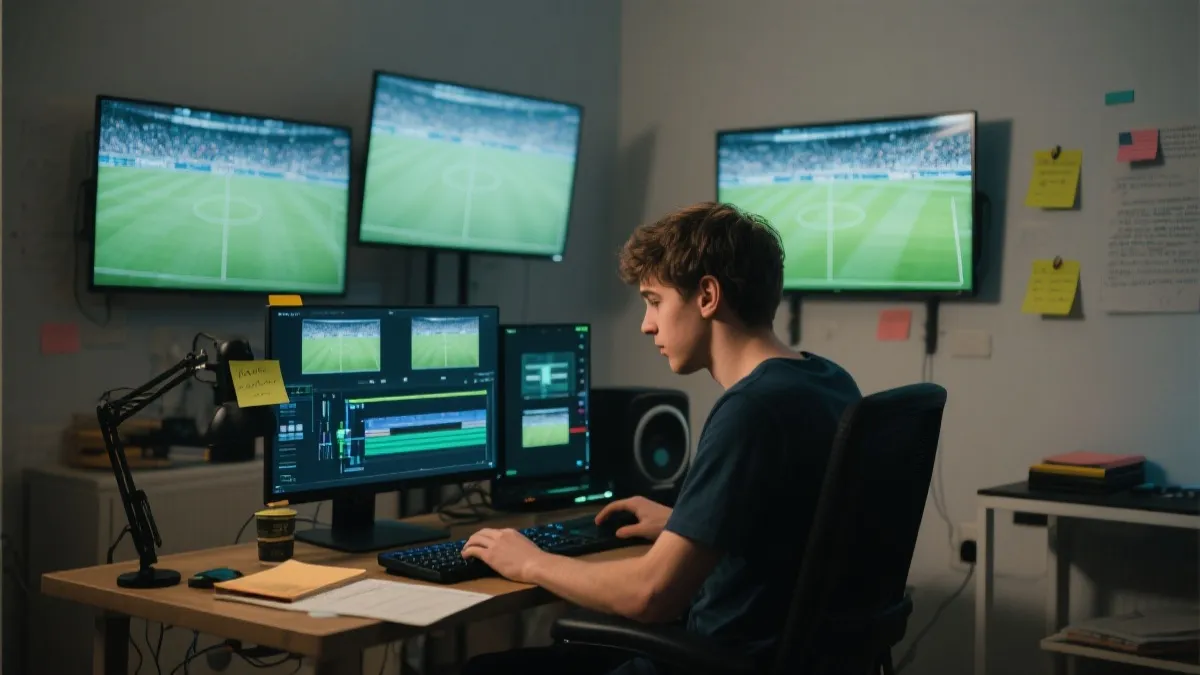 创作者在屏幕前剪辑与策划世界杯相关内容