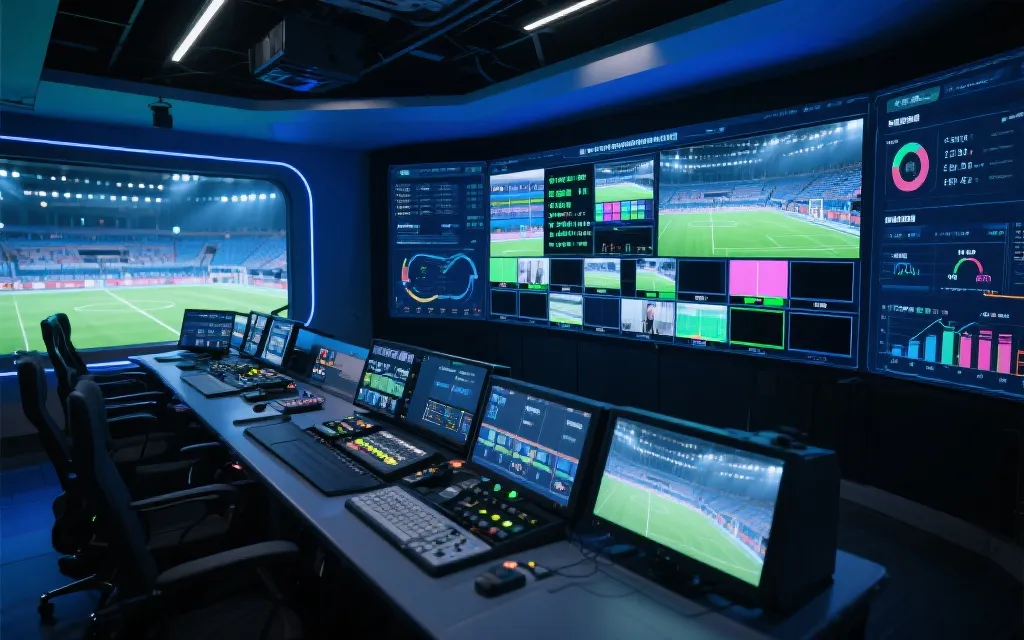 转播控制室与数据叠加界面，体现AI分析与沉浸式观赛