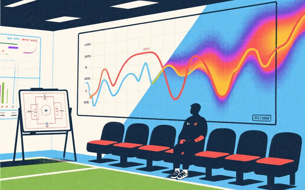 教练席与战术板、实时数据曲线叠加的概念插画