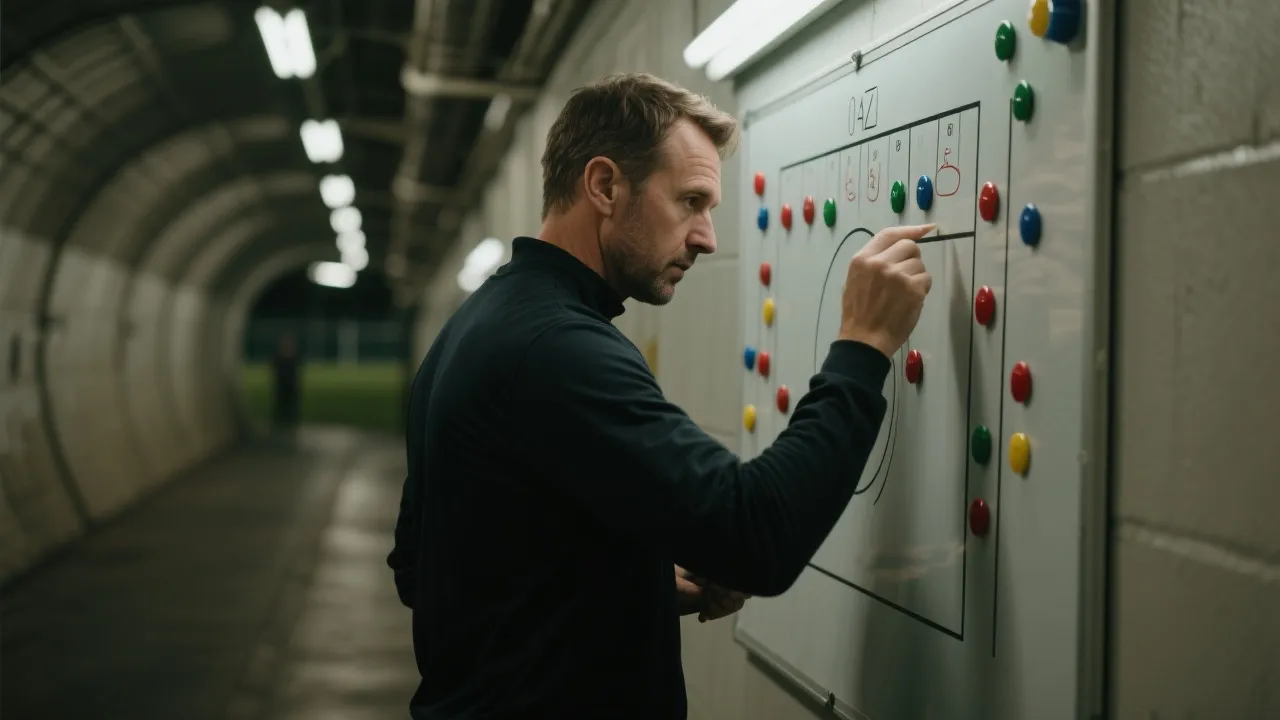 教练在战术板前进行临场调整，象征板凳与战术变招