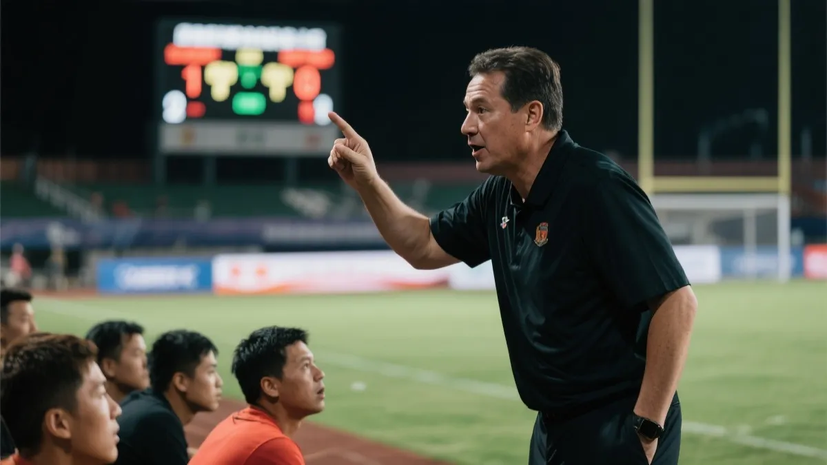 战术板上出现意外变阵的紧张氛围，教练在场边指挥