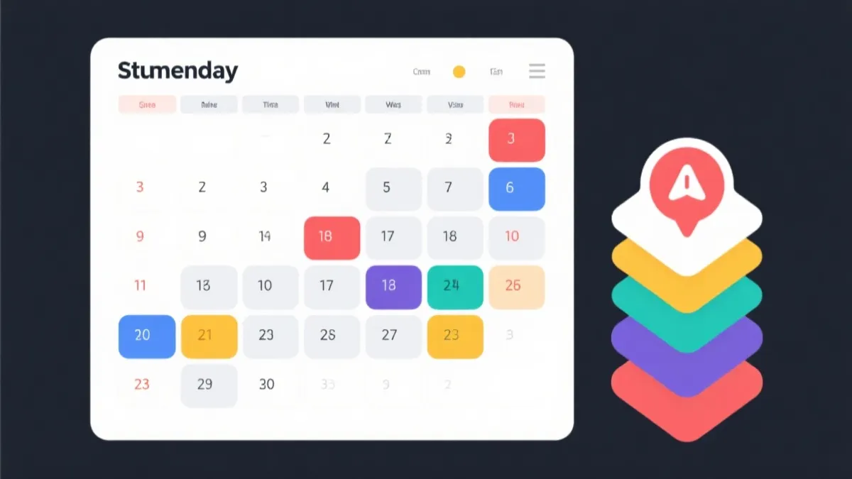 日历订阅与多层提醒示意图，周视图时间块与通知分层